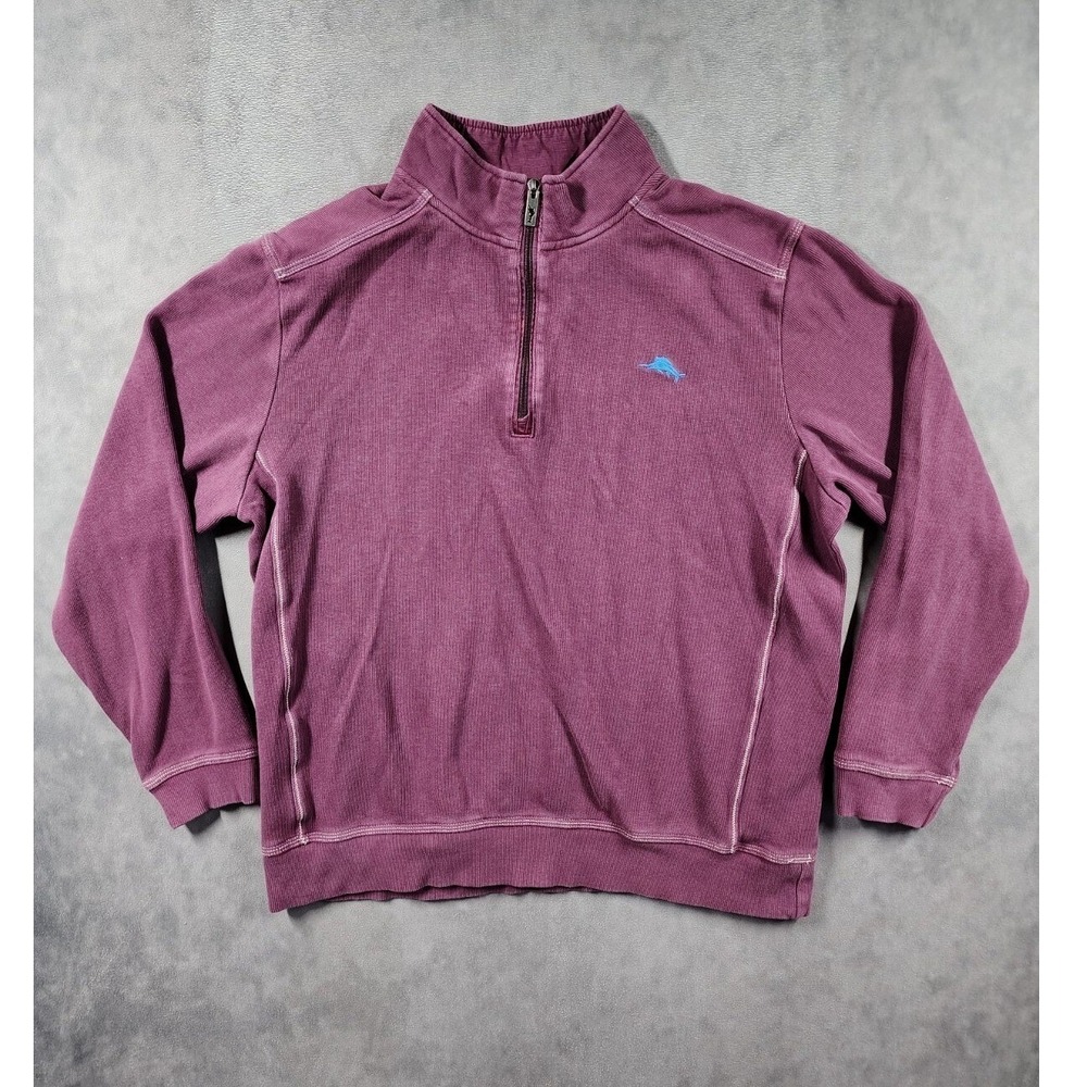 Tommy Bahama Sweater Men's Large Purple Knit Mock Neck 1/4 Zip Classic Outdoor